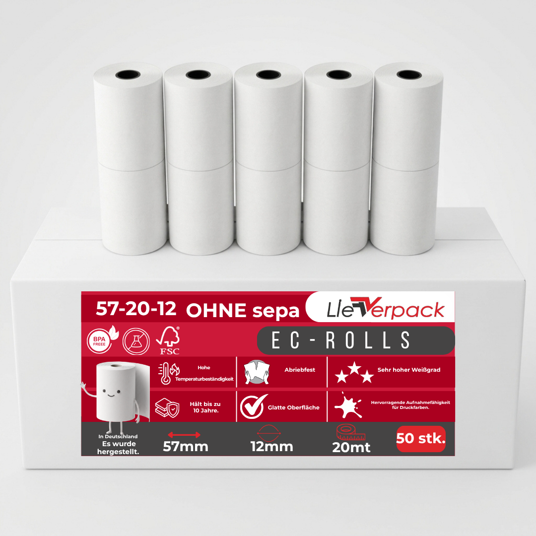Thermorollen 57mm/20m/12mm, (48g/m²) - mit SEPA Text
